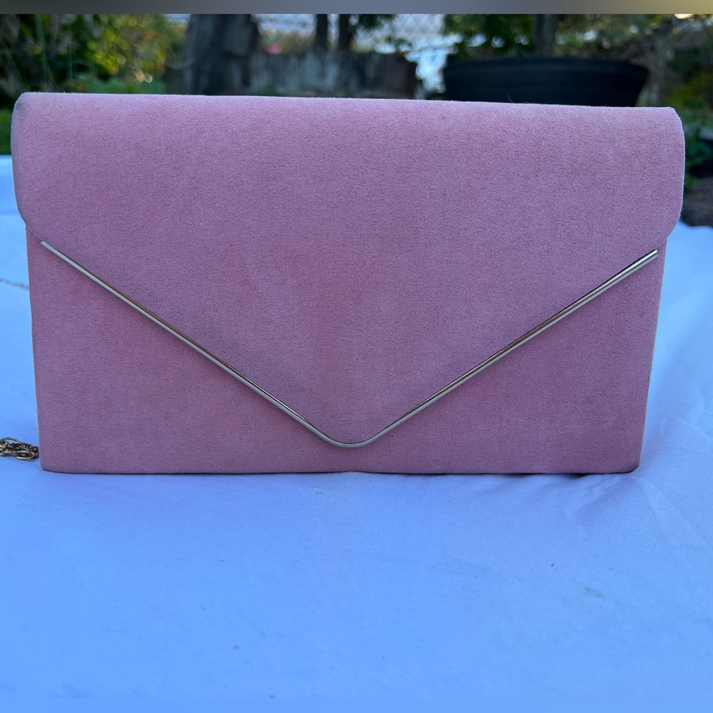 Pink velvet crossbody purse with gold details